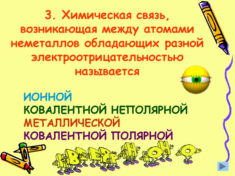 3. Химическая связь, возникающая между атомами неметаллов обладающих разной электроотрицательностью называется ИОННОЙ КОВАЛЕНТНОЙ НЕПОЛЯРНОЙ